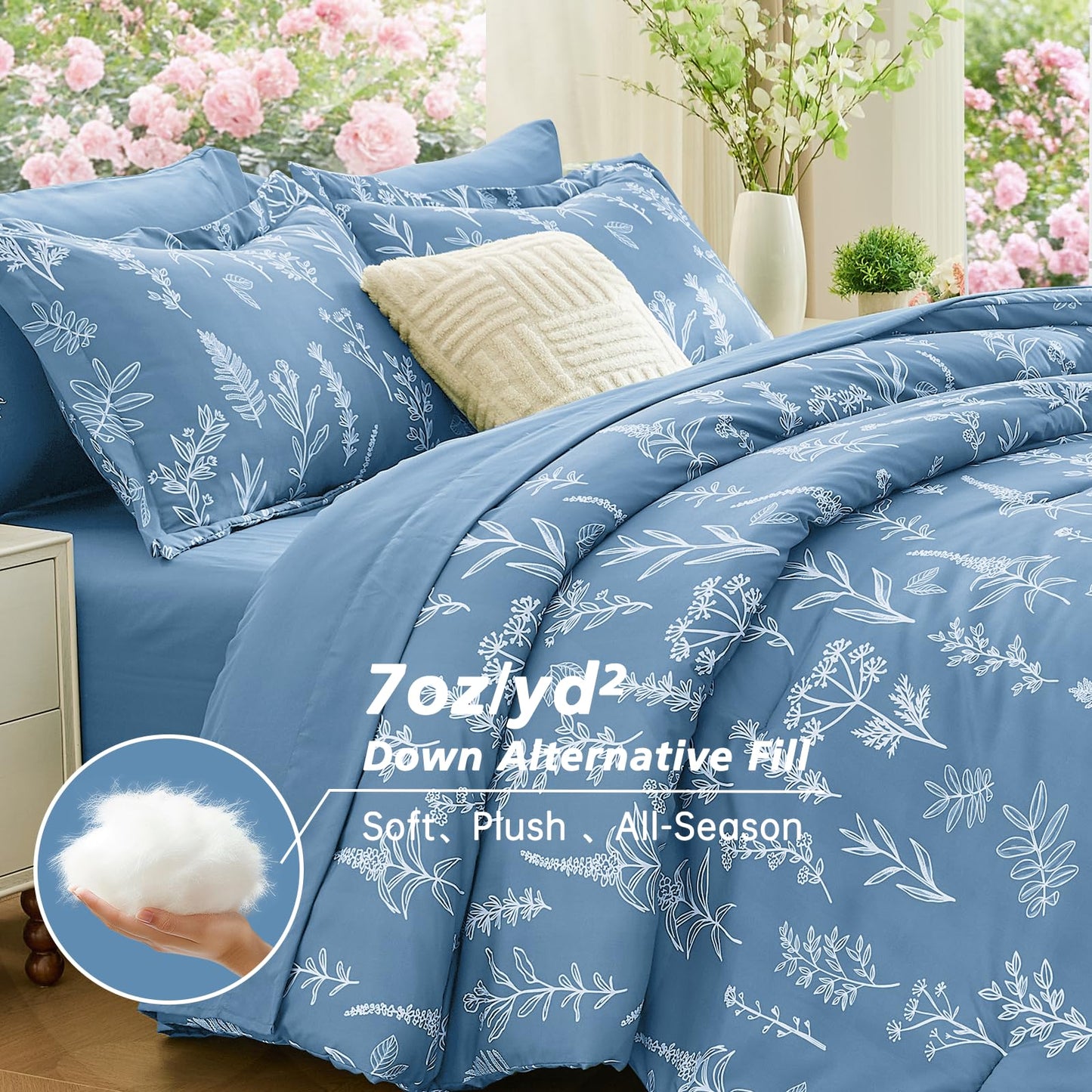 MUXHOMO Ice Blue Bed in a Bag King 7 Pieces, King Comforter Set Reversible Botanical Flowers Design, Ultra Soft & Breathable Bedding Sets with Comforter, Sheets, Pillowcases & Shams