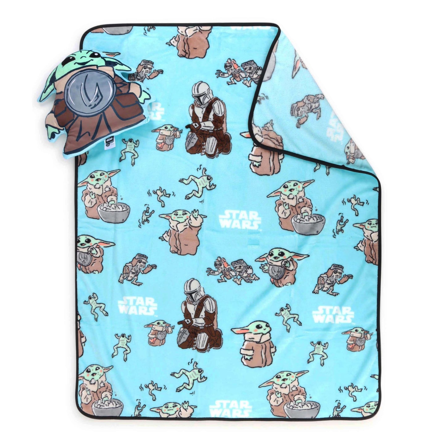 Jay Franco Kids Nogginz Set – 12" Inches Nogginz Pillow & 40" x 50" Inches Cozy Plush Throw Blanket, Ultra-Soft Character Nap Set for Travel, Bedroom & Couch Décor, Multi - Star Wars Mandalorian