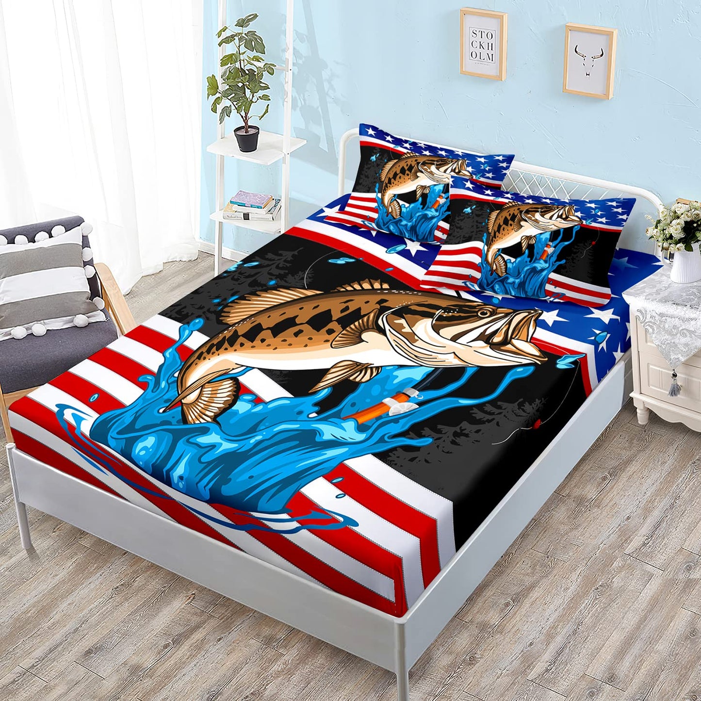 HOSIMA Big Pike Fishing Fitted Sheet Full,Bass Fish American Flag Pattern Hunting and Fishing Bed Set Full Size for Boys Room Decor, 1 Fitted Sheet + 2 Pillowcases.