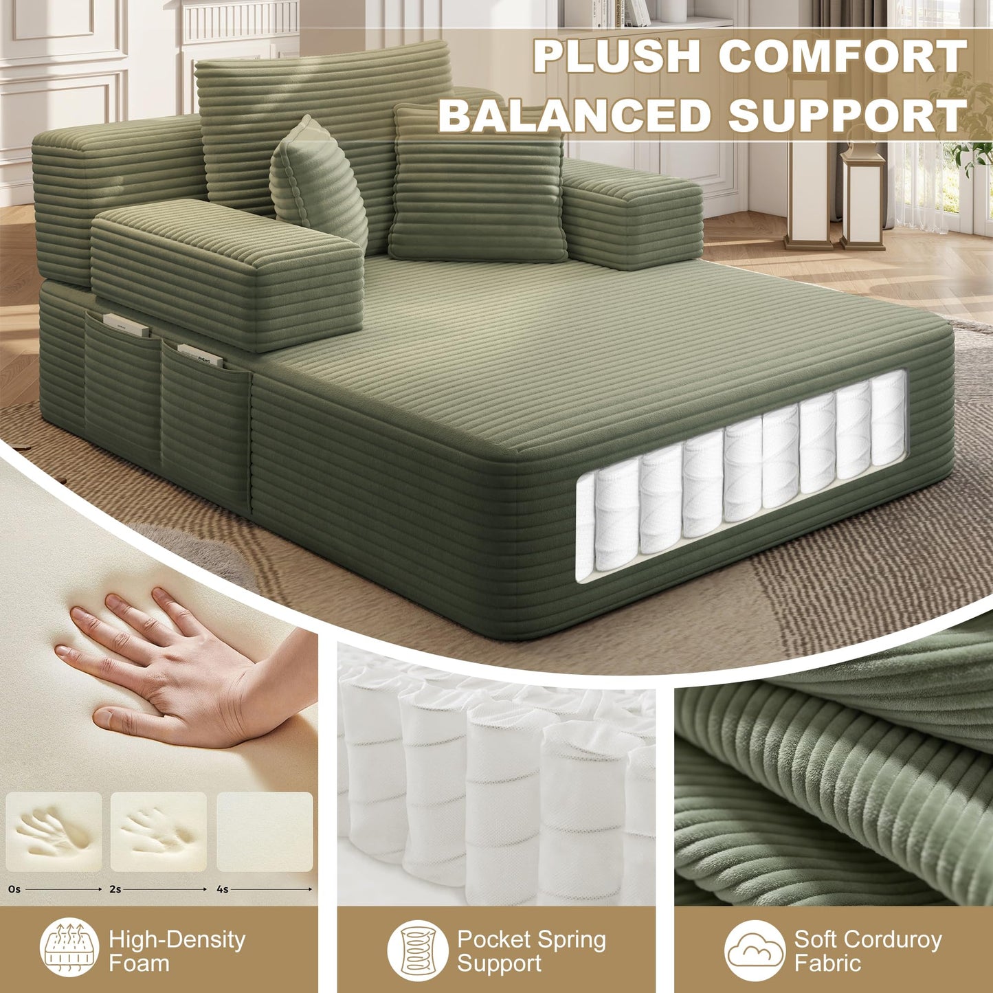 Haquiro 60.2" Oversized Chaise Lounge Chair, Boneless Corduroy Cloud Couch, Deep Seat Convertible Sofa Bed with 3 Pillows, Wide Armrests, Side Pocket, No Assembly (Green)