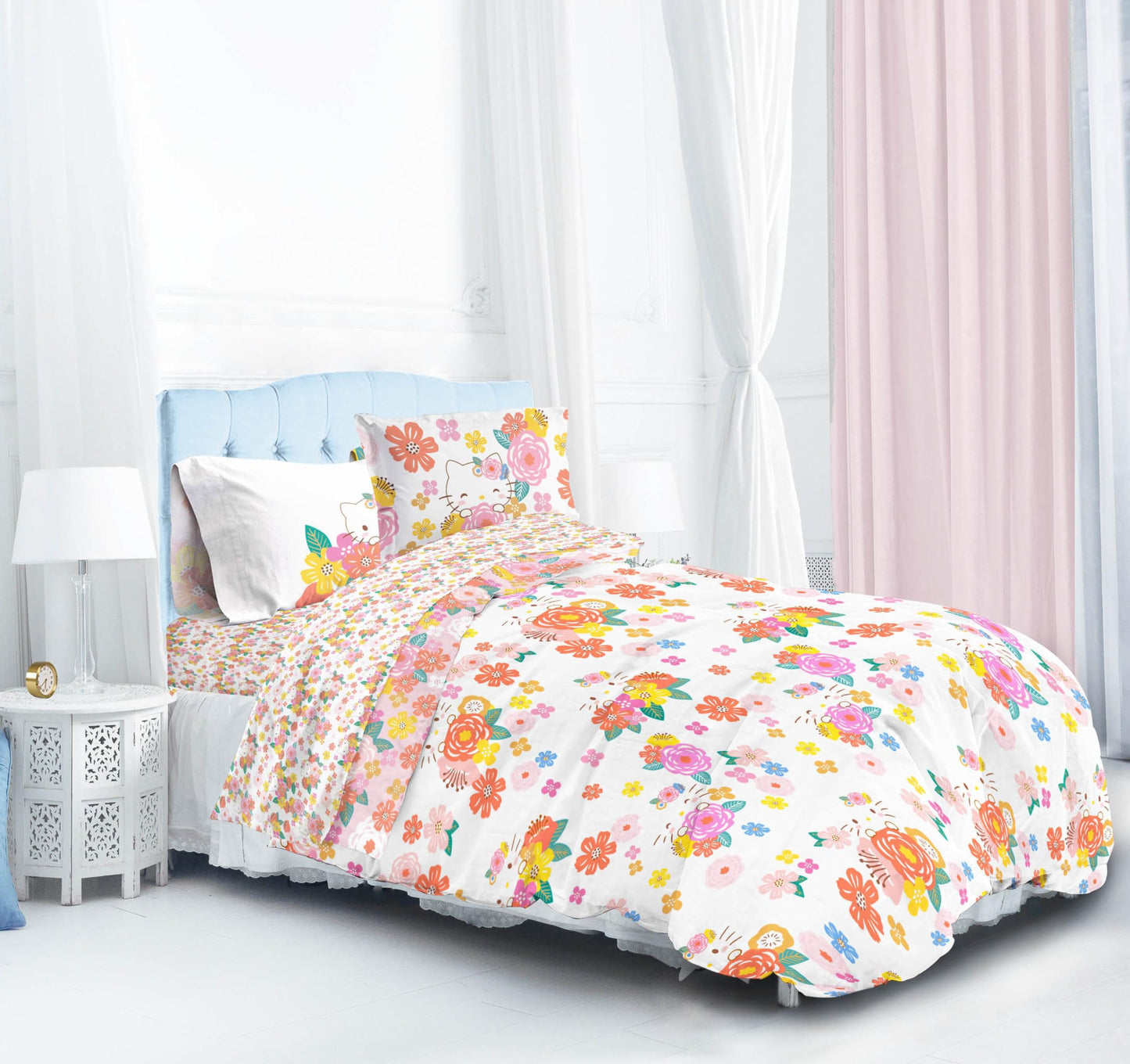 Jay Franco Hello Kitty Twin Size Comforter Set - 7 Piece Bedding Includes Sheet Set & Pillow Covers - Super Soft Floral Bedding