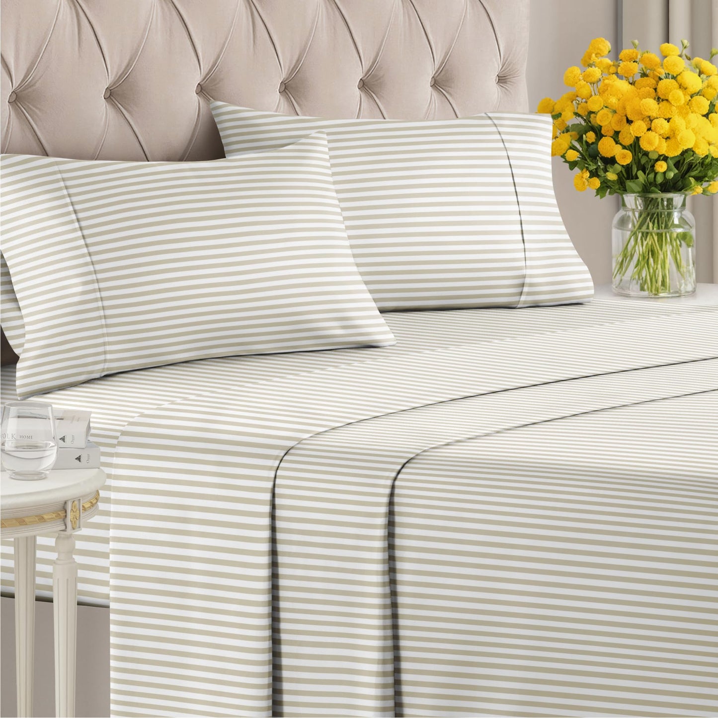 Striped Sheets - Grey Striped Sheets - 1 Flat & 1 Fitted & 2 Pillowcases w/ Deep Pockets – Comfy, Wrinkle & Fade Free - Ultra-Soft, Breathable & Cooling – Luxury Pinstripe Bedding - Full Size Bed Set