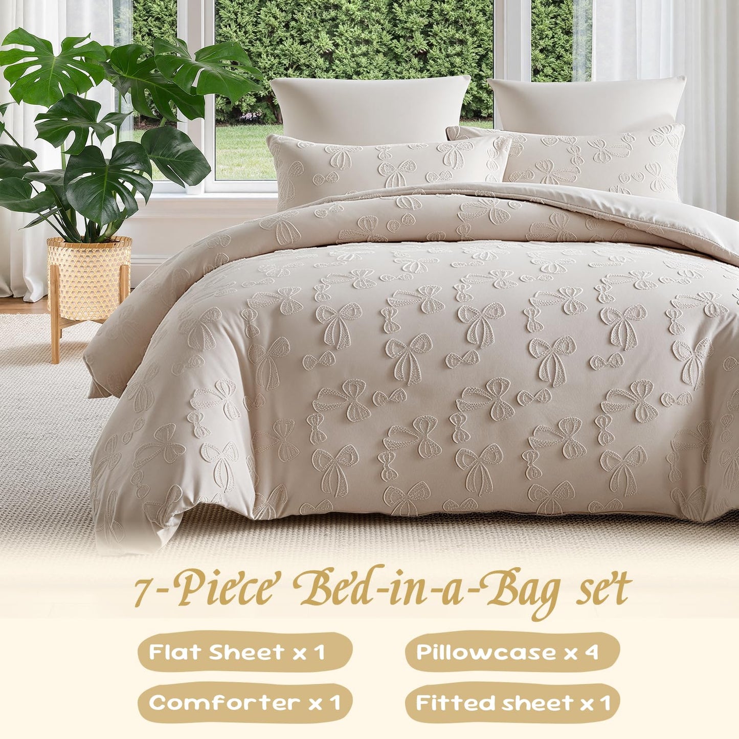 Jameswish 7 Pieces Bow Comforter Set for Girls Khaki Tufted Boho Bedding Set Queen Size Farmhouse Bed in A Bag as Gifts (1 Comforter, 1 Flat Sheet, 1 Fitted Sheet, 2 Pillowcase and 2 Pillow Sham)