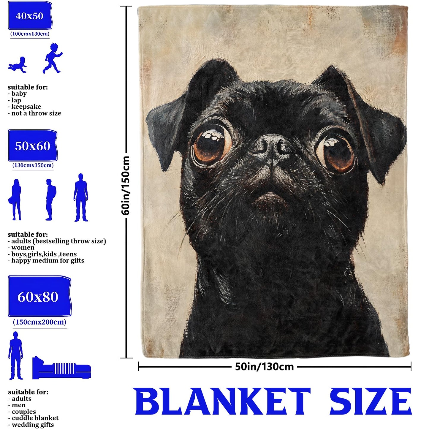 Black Pug Dog Throw Blanket for Boys Girls Kids Adults Women, Fuzzy Warm Soft Cozy Flannel Blankets Gifts for Bedroom, Couch, Travel, Home Decor 50x60 in