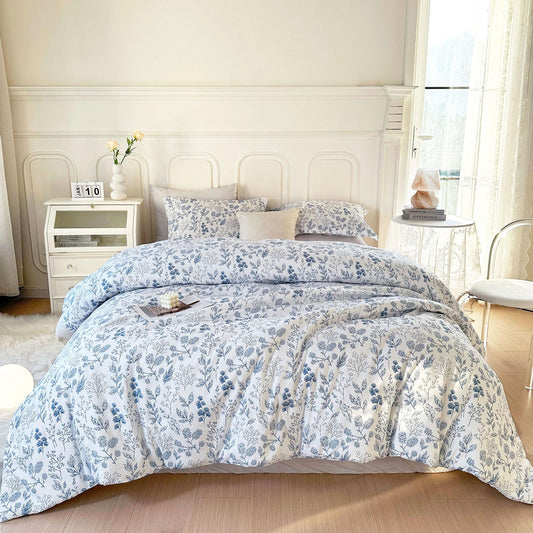 EAVD Queen Comforter Set White and Blue Floral Bedding Set for Women Soft Microfiber 3-Piece Vintage Garden Floral Comforter Set with 2 Pillowcases Botanical Bedding Set for All-Season