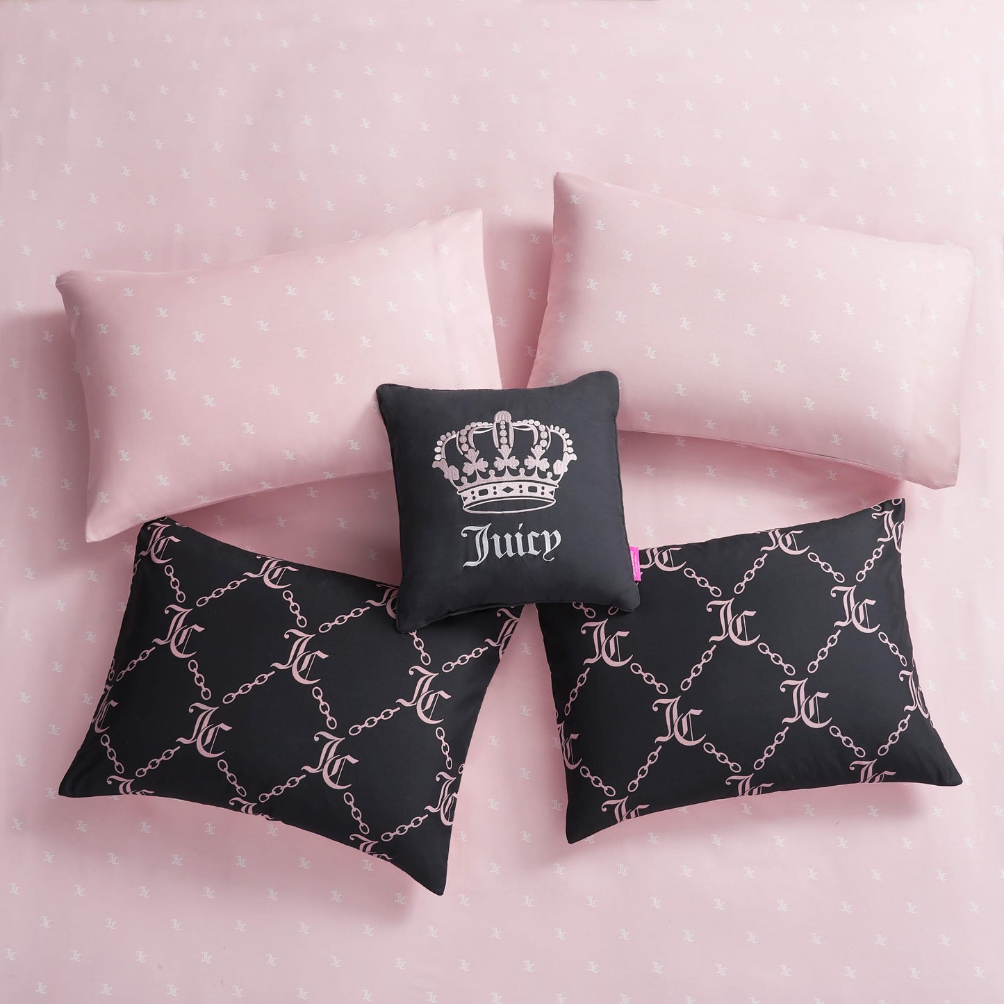 Juicy Couture Black Link Logo Printed Comforter Set, Queen – Complete 8-Piece Bed in a Bag Collection