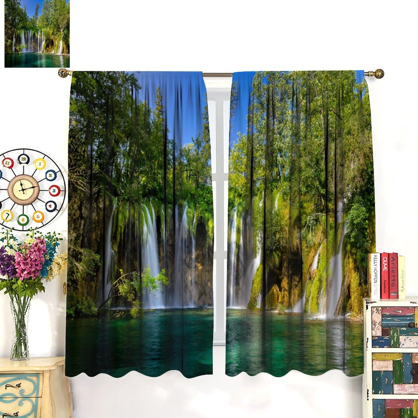 Scenic Nature Blackout Curtain,Natural Falls Landscape Forest Tree Waterfall Scenery Drapes,Rod Pocket Window Treatments 2 Panels Curtains for Kitchen Bedroom Living Room Office Deocr 42"W X 45"L