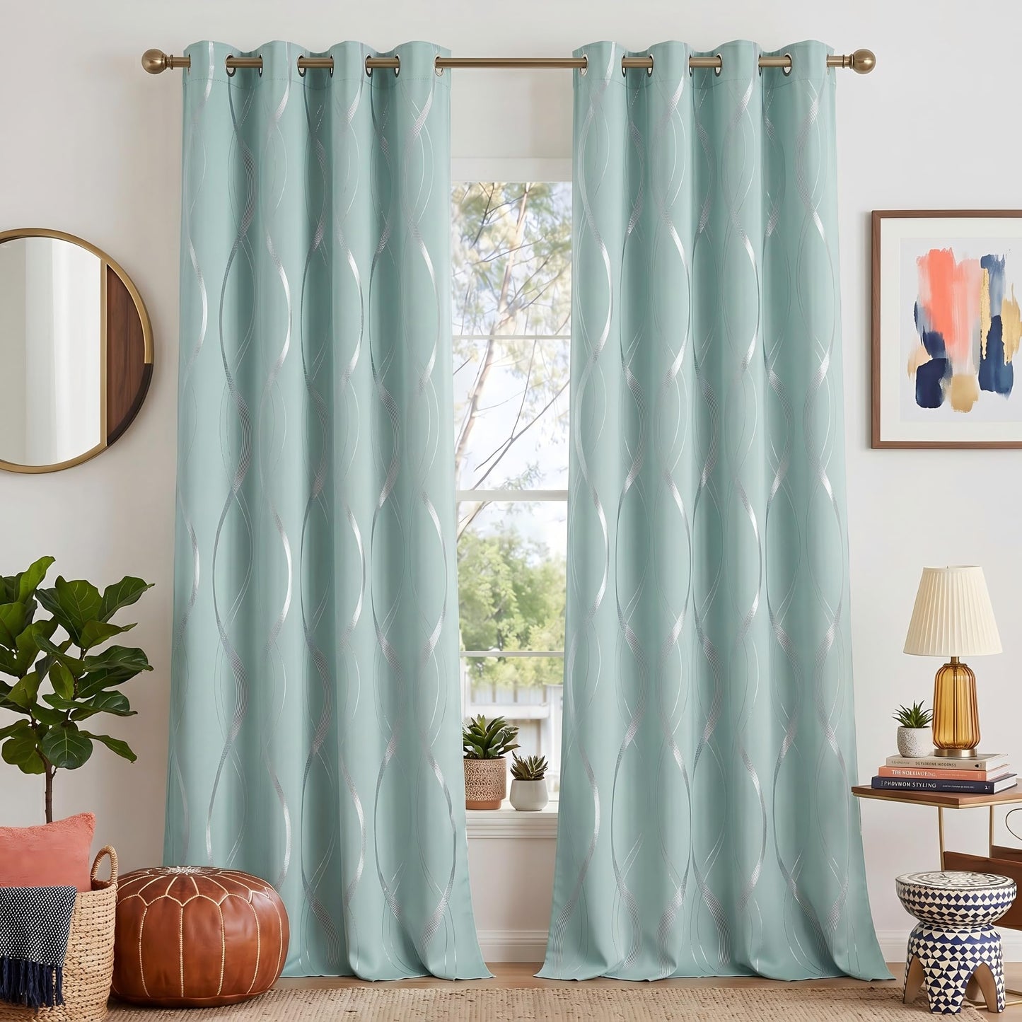 NICETOWN Aqua Blue Floral Blackout Curtain Panels 84 inches 2 Pieces, 52 inches Wide Light Reducing Thermal Insulated Solid Grommet Printed Window Treatments/Drapes for Living Room/Nursery