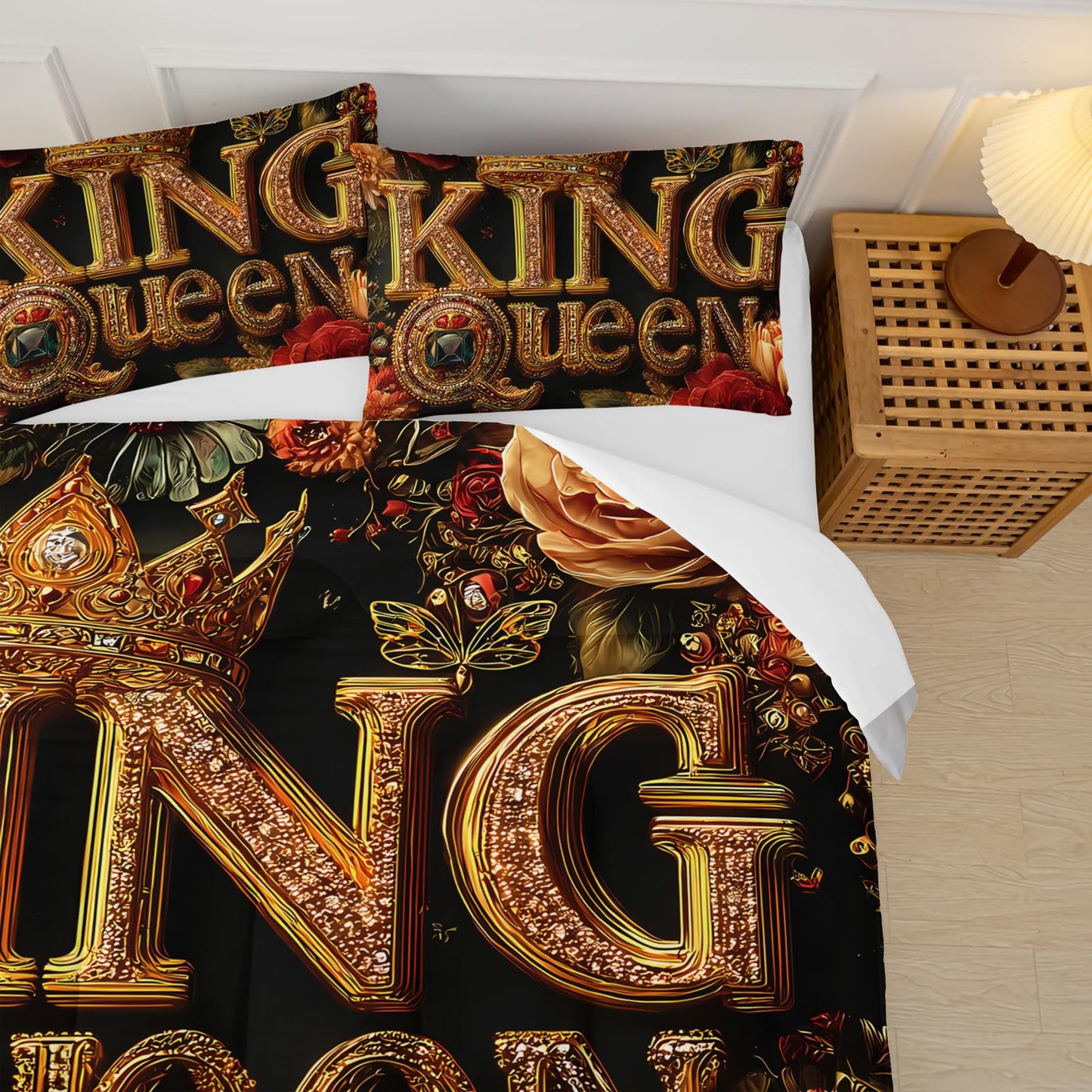lneffble King and Queen Comforter Set Black and Gold，King and Queen Bedding Set，Red Floral Quilt Set Twin Size，with 1 Comforter with 2 Pillow Case
