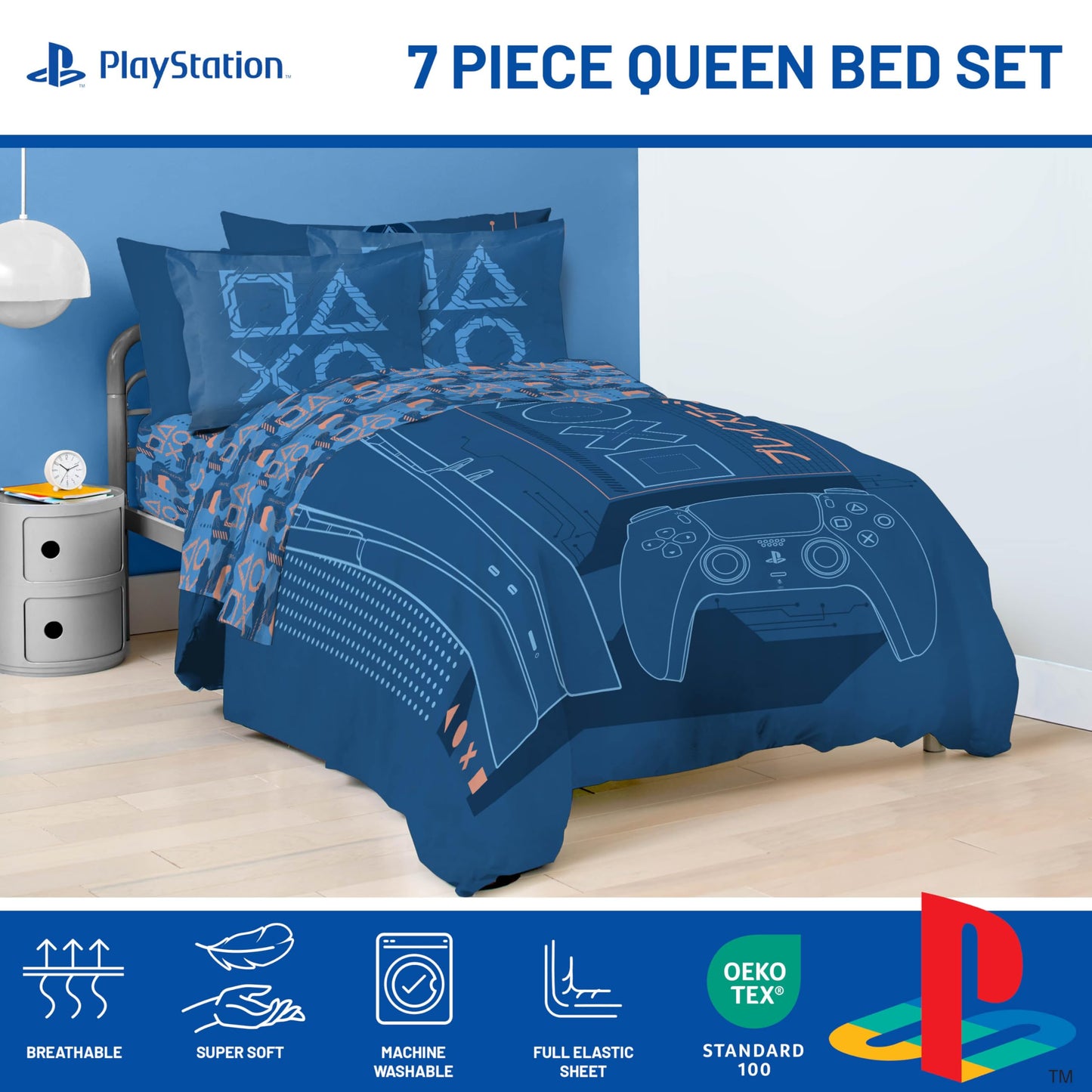 Jay Franco Kids Bed Set, Blue, PlayStation, 7 Piece Queen