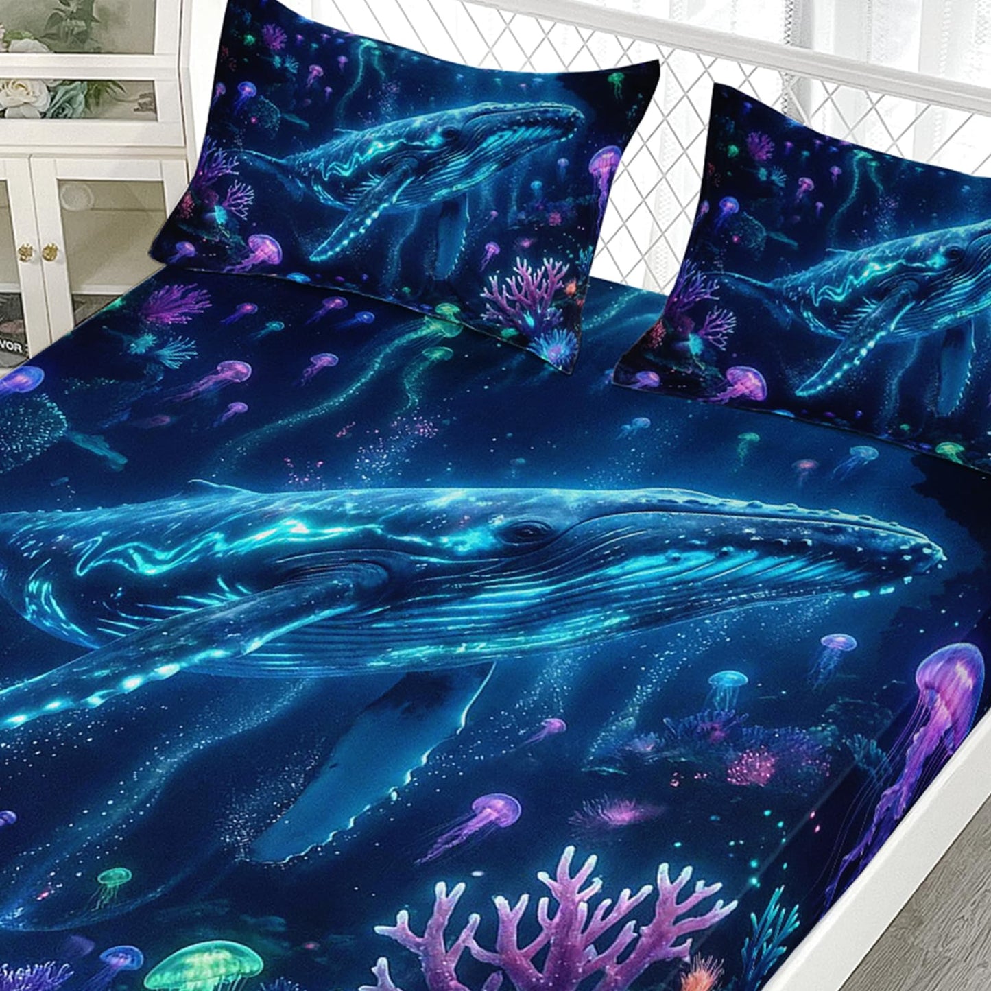 AILONEN Blue Whale Twin Fitted Sheet Set 3 Piece, Jellyfish Reef Pattern with 2 Pillowcases, 16 Inch Deep Pocket, Kids Room