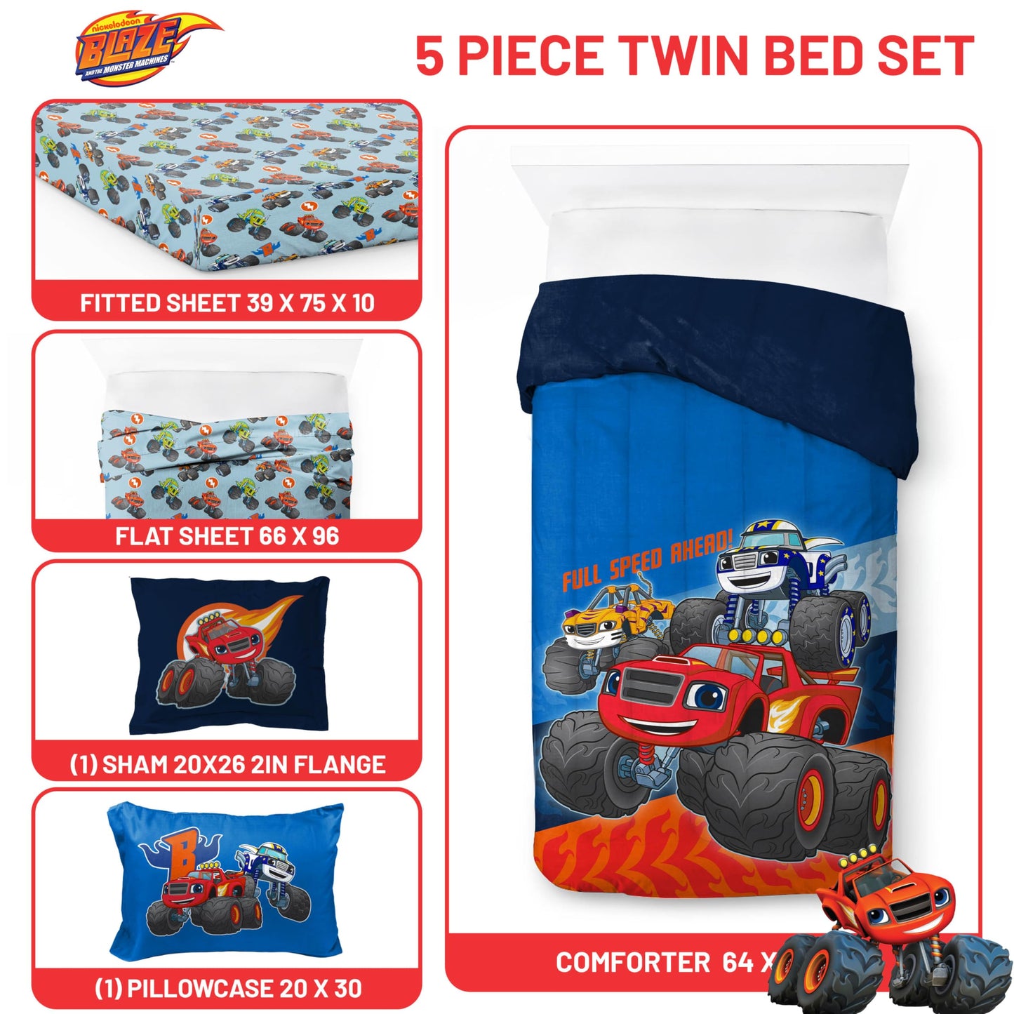 Jay Franco Kids Bed Set, Blue, Blaze the Monster Machines, 5 Piece Twin