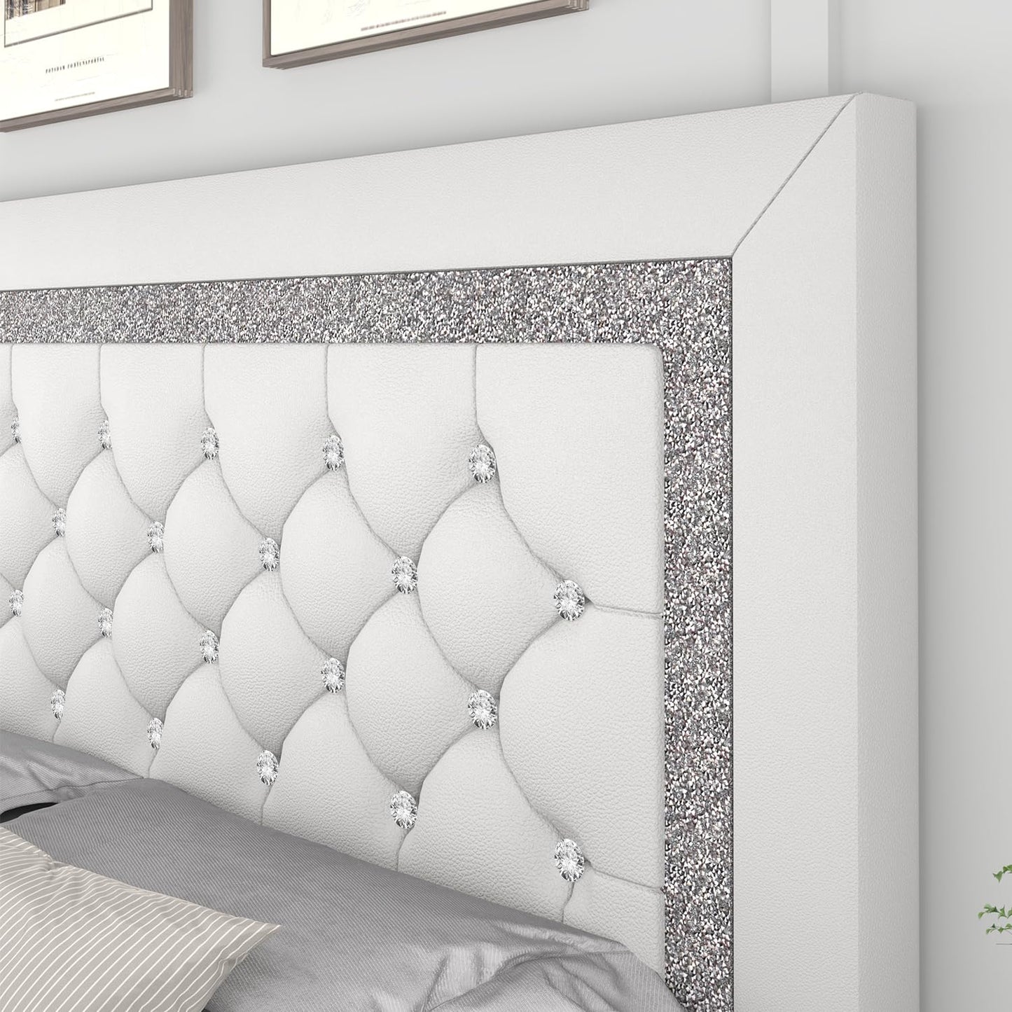King Bed Frame, Faux Leather Platform Bed with Upholstered Diamond Headboard, Mattress Foundation with Strong Wooden Slats Support, No Box Spring Required, Easy Assembly, White