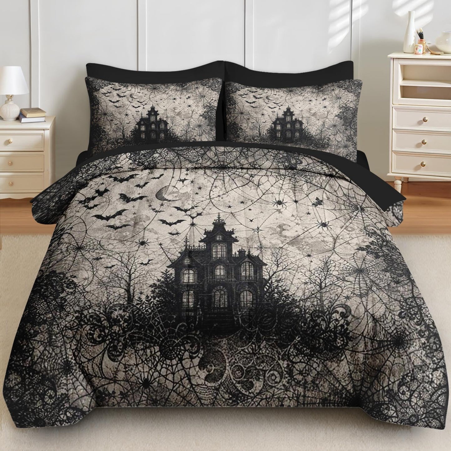 Boewywh Comforter Set Twin Size Halloween Gothic Spooky 5 Pcs, Bedding for Kids and Adults, Bed Sheet Sets with Fitted Sheet Pillowcase & Sham for Bedroom Bed Decor