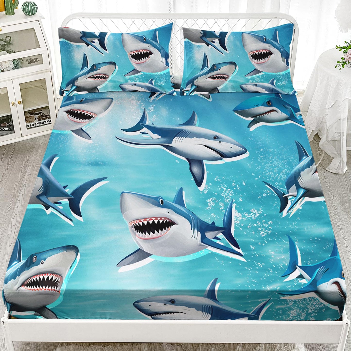 HOSIMA Teens Shark Print Fitted Sheet Set Twin Size,Shark Swimming in The Underwater World Pattern Bedding Sets,Ocean Animal Theme Fitted Sheet for Kids Boys Room Decor,1 Fitted Sheet+2 Pillowcases.