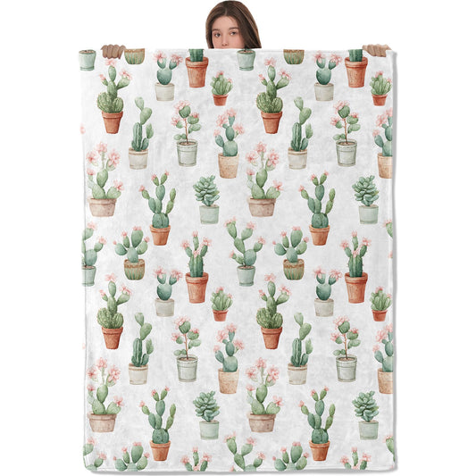 AHUCIZ Watercolor Cactus Blanket,Potted Plant and Flower Fleece Blankets,Soft Warm Decorative Throw for Couch,Bedroom,Travel,Camping,Practical Throws Gifts for Kids Women Nature Lovers,50X60 Inch