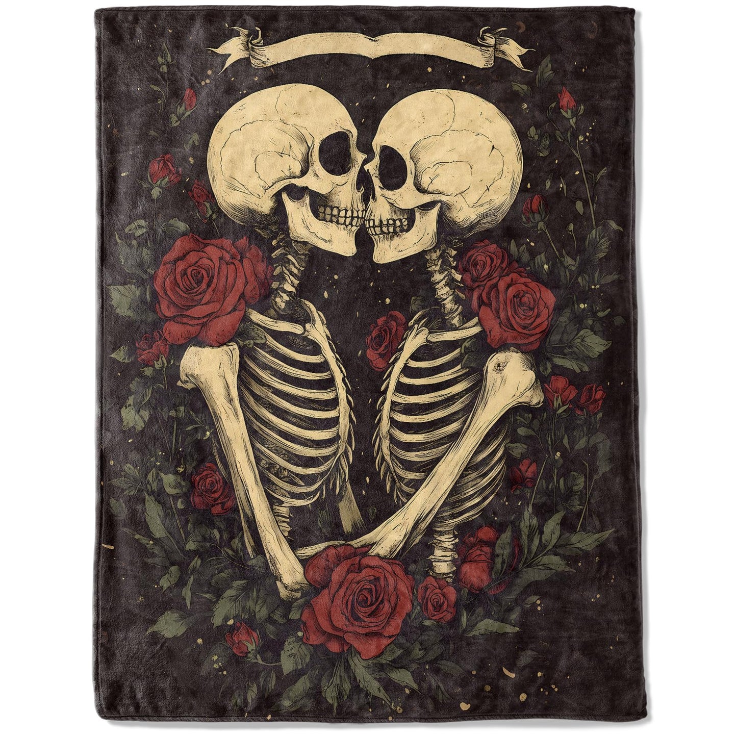 ainori Skull Skeleton and Rose Flannel Blanket - Lightweight Soft Cozy Gifts Blankets for Horror Lovers, Men,Women,Gothic Romantic Dark Style Throw,Home Room Modern Halloween Decor 50x60in