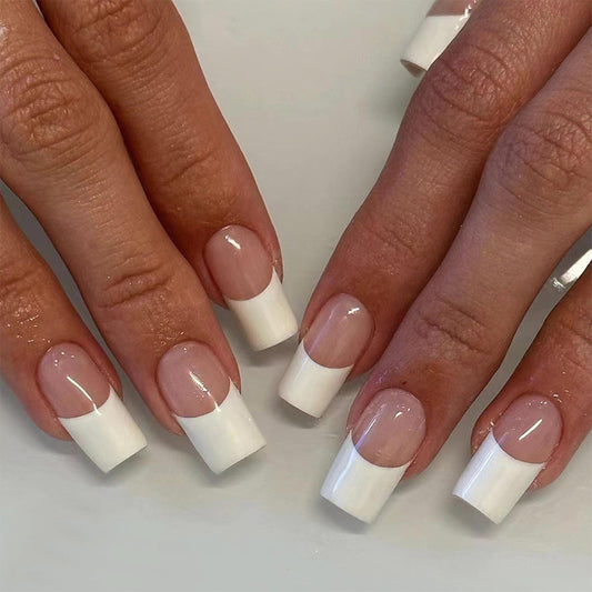 MERVF Press on Nails Long Square, White French Tip Fake Nails Stick ons Classic Acrylic Nail Solid Color Design Glossy 24pcs
