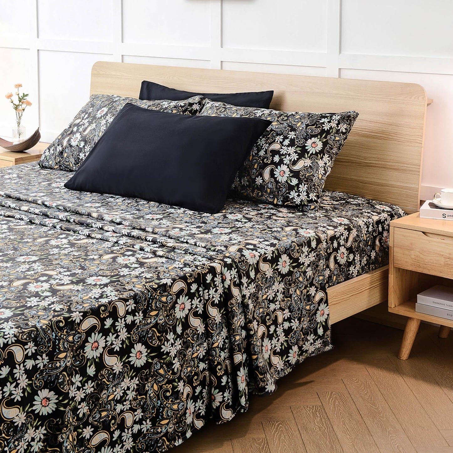 JSD Black Paisley Floral Sheet Set Queen Size 6 Piece, Printed Pattern Soft Microfiber Bed Sheets Extra Deep Pocket