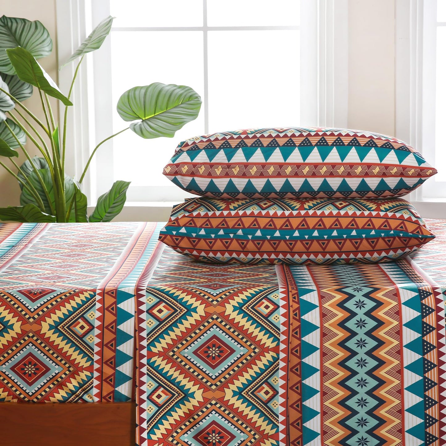 CozySmile 4 Pieces King Sheet Set Bohemian, Boho Sheets Soft Microfiber Deep Pocket, Western Sheets Geometric(King, Rust Turquoise Diamond)