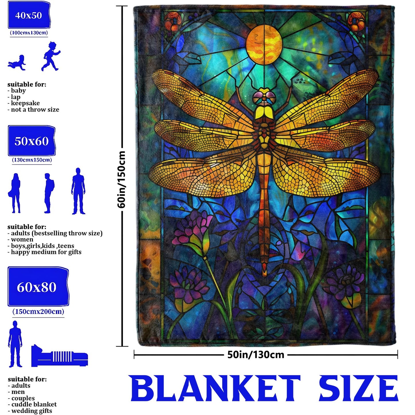 Stained Glass Dragonfly Throw Blanket for Boys Girls Kids Adults Women, Fuzzy Warm Soft Cozy Flannel Blankets Gifts for Bedroom, Couch, Travel, Home Decor 50x60 in