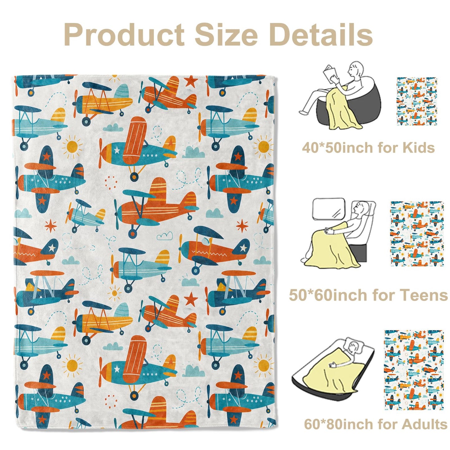 Playful Airplane Throw Blanket, Lightweight Warm Flannel Blankets, Home Decor and Gifts, Soft Cozy Throws for Women Boys Kids, 50"X60" for Bed Couch Travel Office