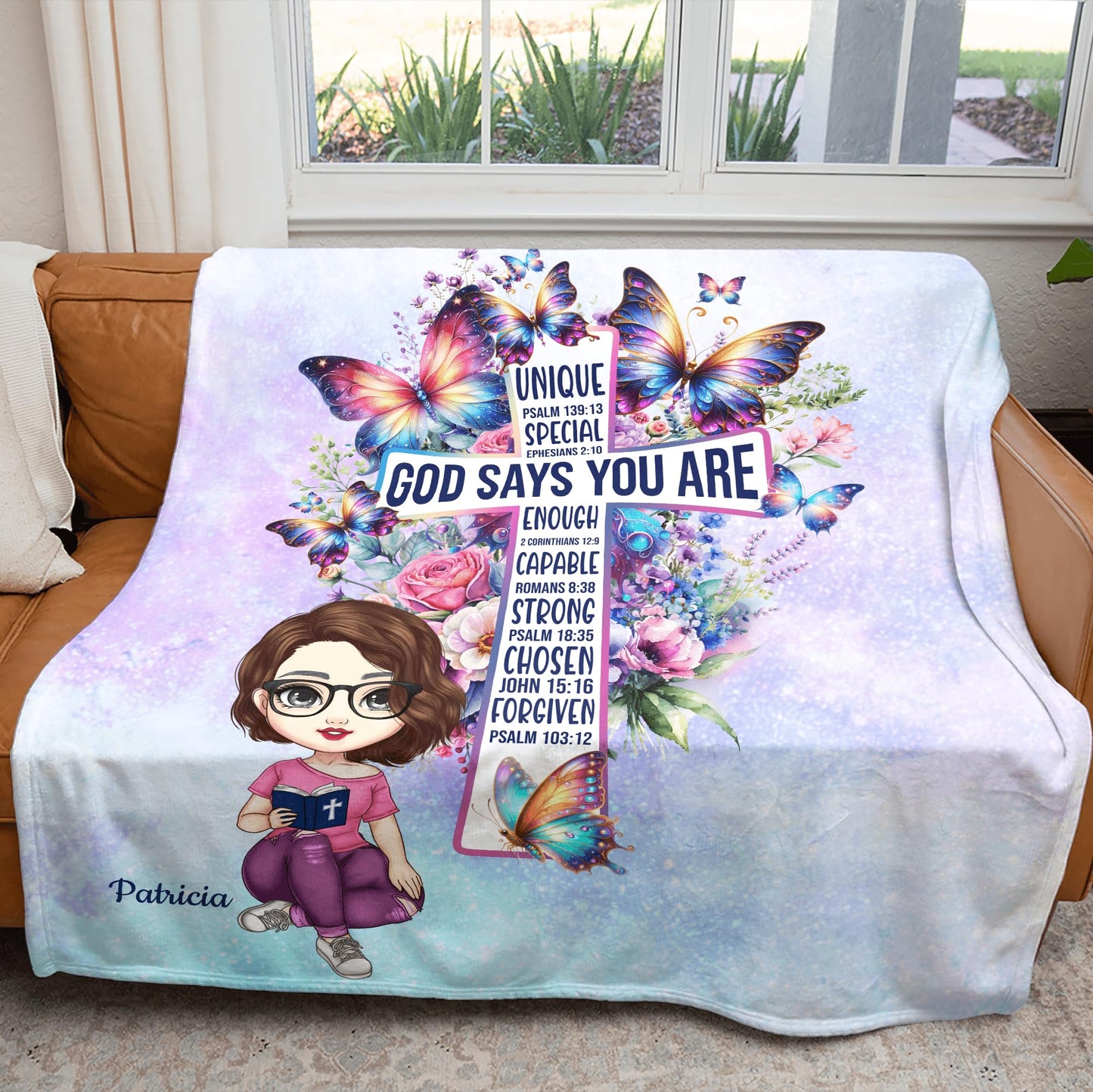 PREAUREUM God Says I Am Blanket, Personalized Christian Throw Blanket,Inspirational Jesus Throw Blankets,Confirmation Catholic Spiritual Blankets for Kids (Butterfly Cross)