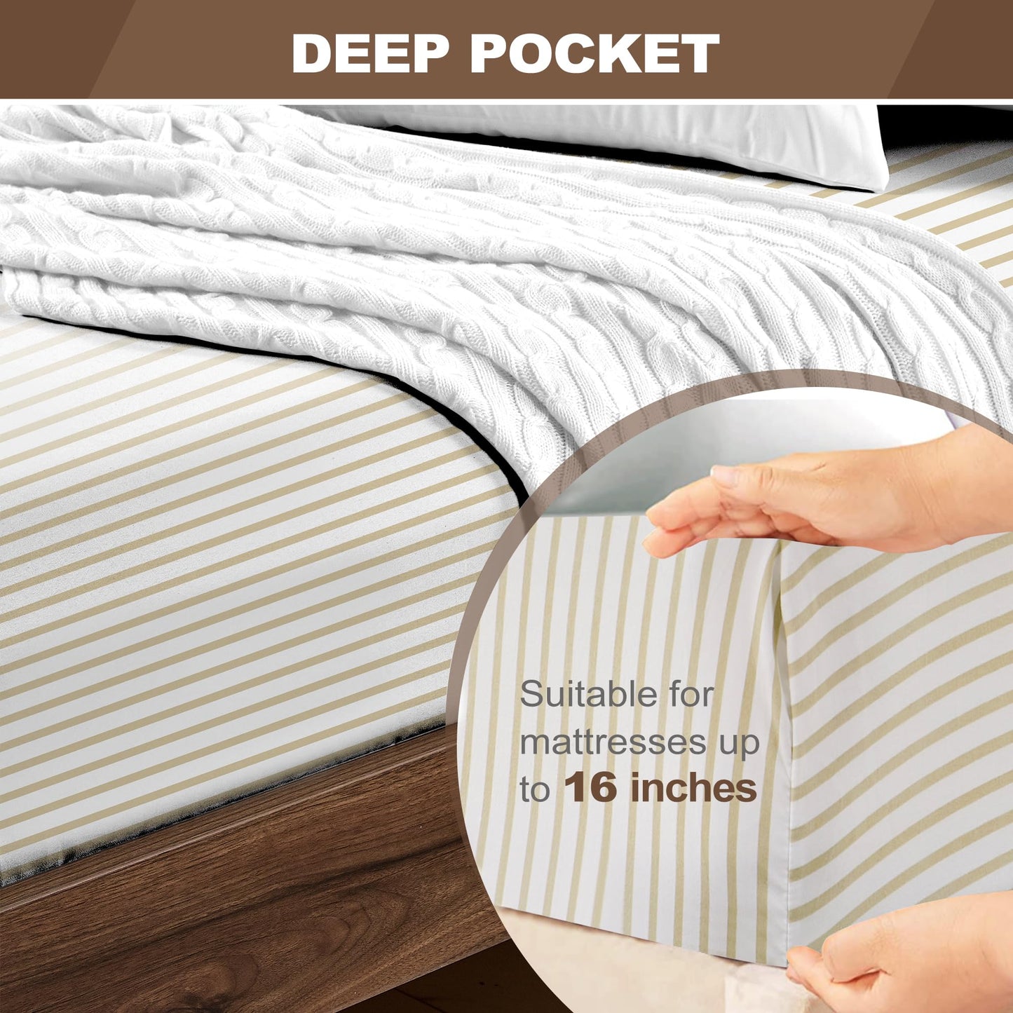 FreshCulture Queen Fitted Sheet - Hotel Quality, Ultra Soft & Breathable Brushed Microfiber, Deep Pocket, Cooling Fitted Sheets for Queen Size Bed (Stripe Beige)