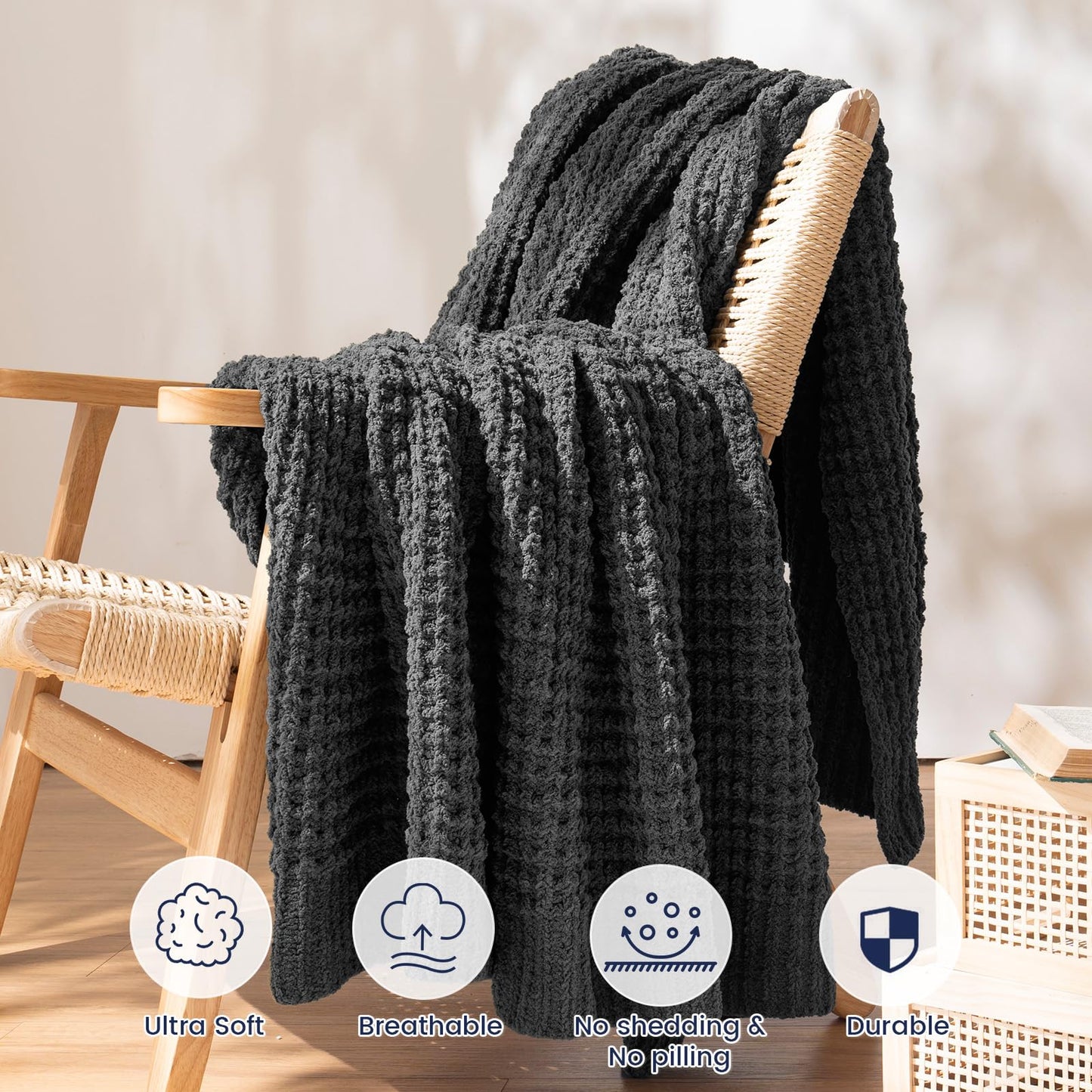 PHF Chenille Waffle Knit Throw Blanket- Plush Warm & Cozy 50" x 60" Ultra Soft Blanket- Chunky Fluffy Waffle Throws for Couch Bed Sofa - Charcoal Grey