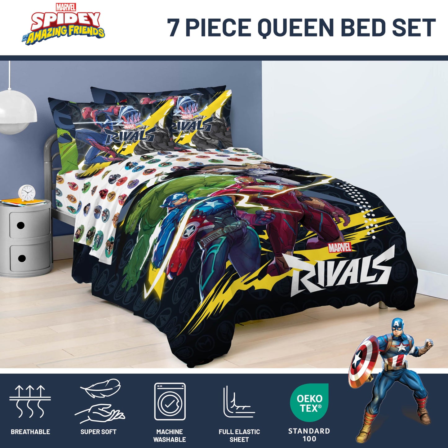 Jay Franco Kids Comforter Set Includes Sheets and Pillow Covers - Soft and Cozy Bed Set for Stylish Room Decor, Official Licensed Bedding, Multi - Marvel Rivals, 7 Piece Queen