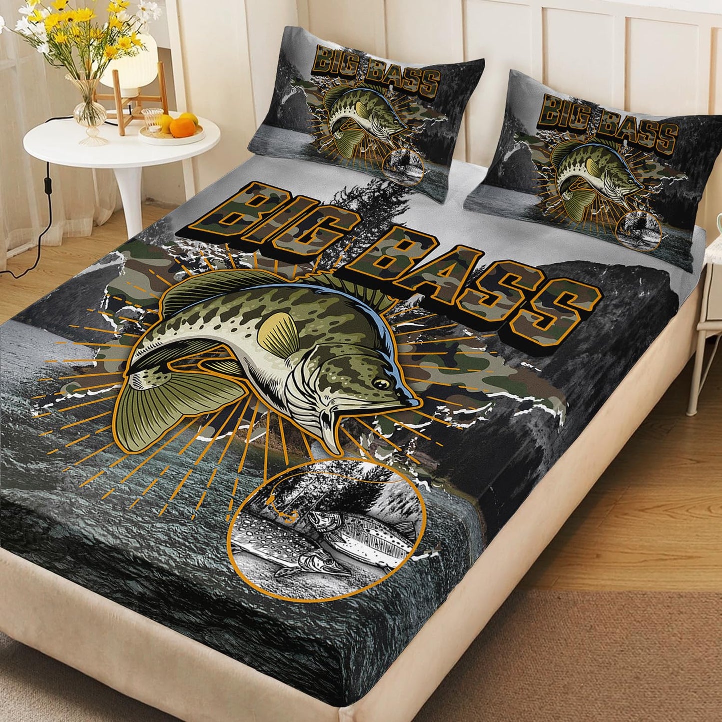 AILONEN Big Pike Fish Sheet Set,3Pcs Hunting and Fishing Pattern Bedding Sets for Kids Boys Twin XL Size,Camouflage Underwater Animals Deep Pocket,Soft Microfiber,1 Bed Sheets Set + 2 Pillowcases