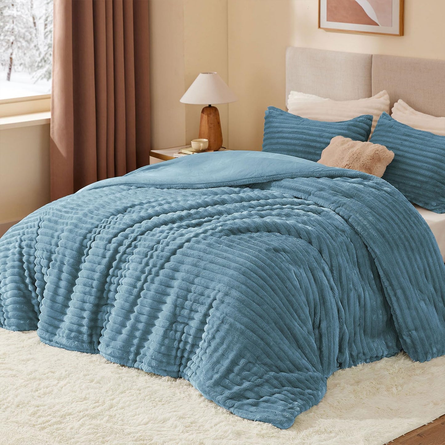 BEDELITE Fleece Queen Comforter Set -Super Soft & Warm Fluffy Blue Fog Bedding, Luxury Fuzzy Heavy Bed Set for All Season with 2 Pillow Cases