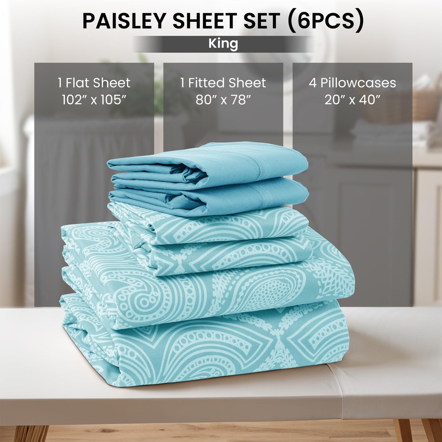 Ultra Soft Wrinkle-Free Microfiber Paisley King Sheet Set, Cute Floral Pattern Boho Print – 16" Deep Pocket Fitted Sheet, Flat Sheet & 4 Pillowcases, Breathable, OEKO-TEX - Blue