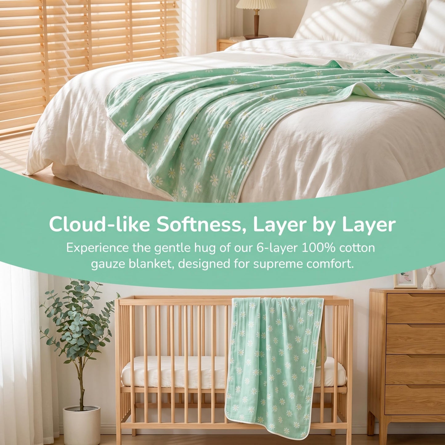 SANACYNA 6-Layer Gauze 100% Cotton Muslin Blankets for Adults Sunflower King 90"x104" Cooling Blanket Soft Breathable Blanket for Sofa Bed Coverlet All Seasons Both Sides (Green, King(90"x104"))¡­