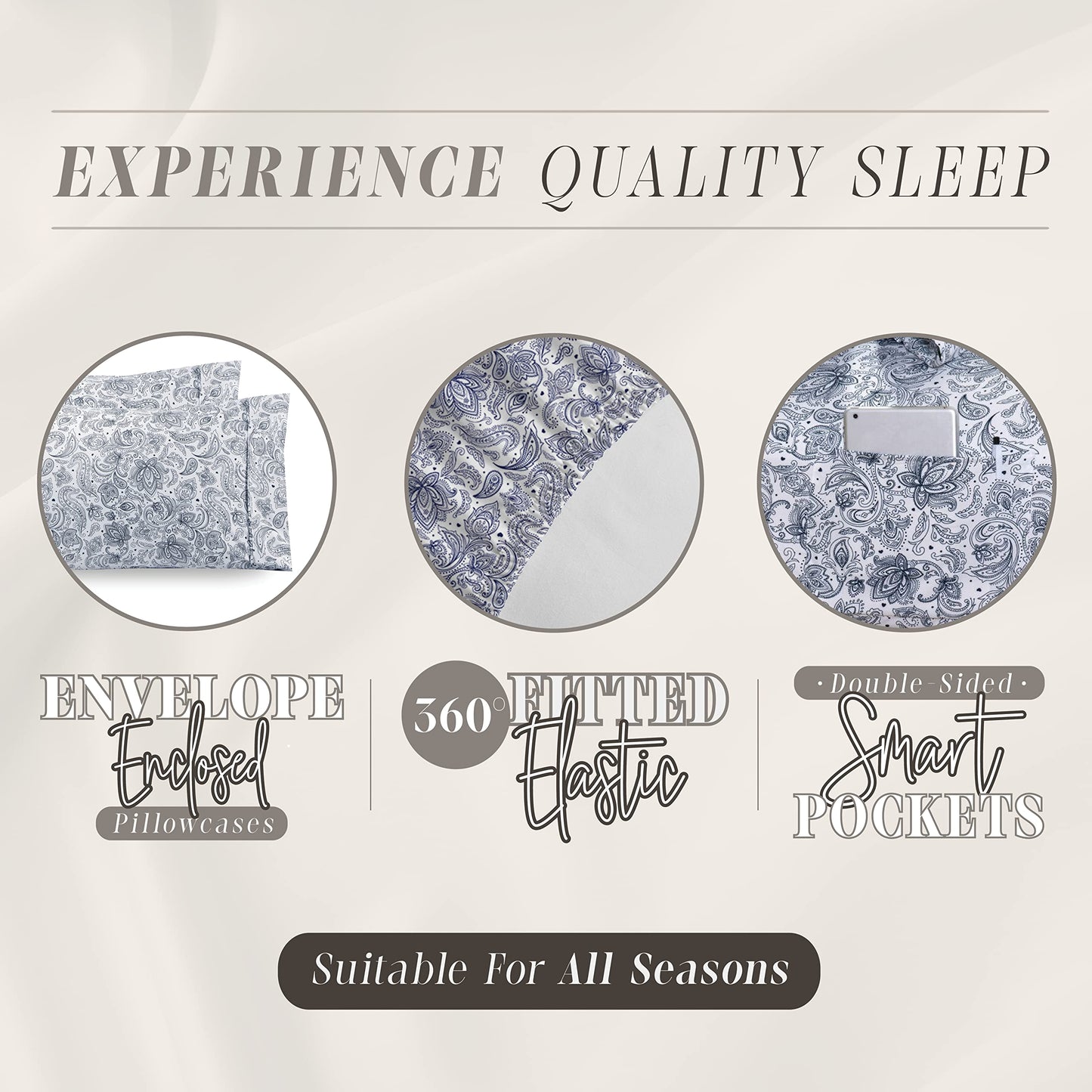 Elegant Comfort Amelia Paisley Printed 6-Piece Sheet Set, Deep Pocket 1500 Thread Count, Fade, Stain, and Wrinkle Resistant, Fitted Sheets with Smart Pockets, Paisley Sheet Set, Queen, Sapphire Navy