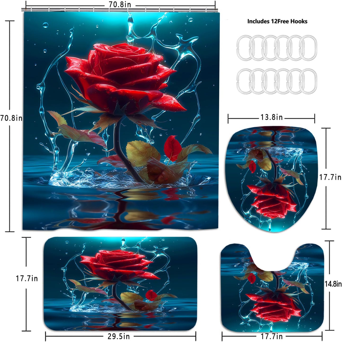 Jirown Red Rose Shower Curtain Sets 4 Pcs,Non-SlipRugs Bath Mat Toilet Cover U Shaped Mat Black Red Shower Curtain with 12 Hooks,Durable Bathroom Decor Set