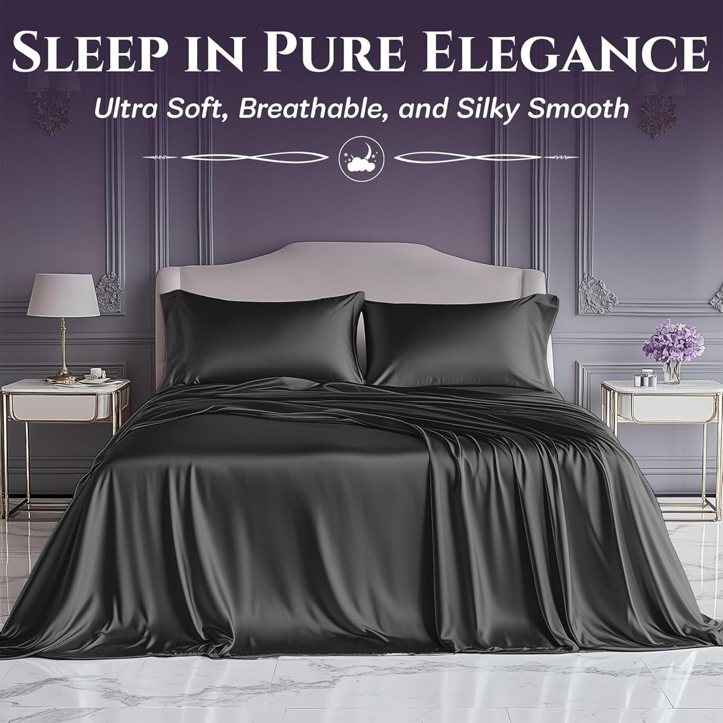 SLEEP SANCTUARY Satin Sheets Queen Size – 4 Piece Luxury Silky Bed Set, Softer Than Silk, 15" Deep Pocket, Cooling & Wrinkle-Free, Moisture-Wicking & Breathable for Hair & Skin (Stone Grey)