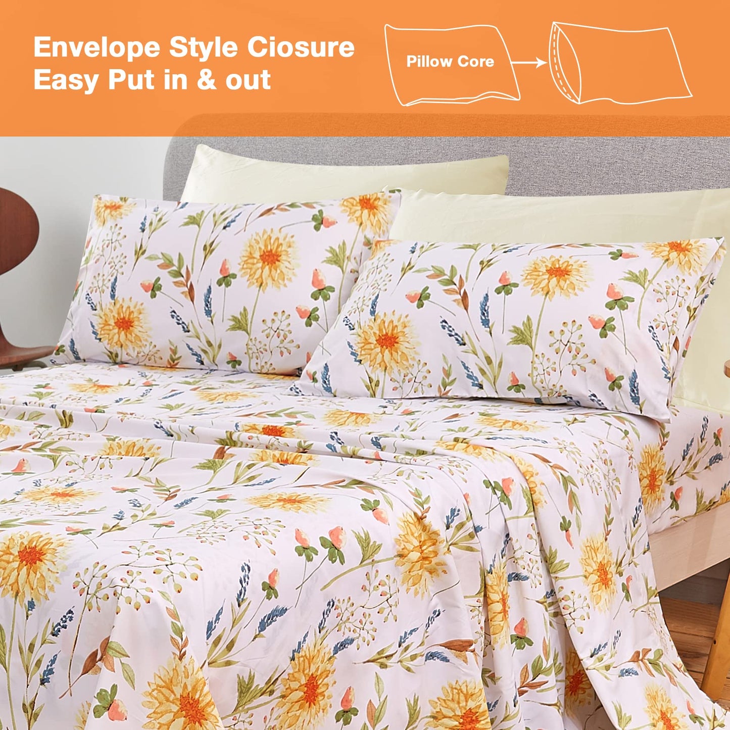 JSD 6 Piece Floral Print Sheet Set Queen Size, Soft Spring Botanical Microfiber Bed Sheets Deep Pocket