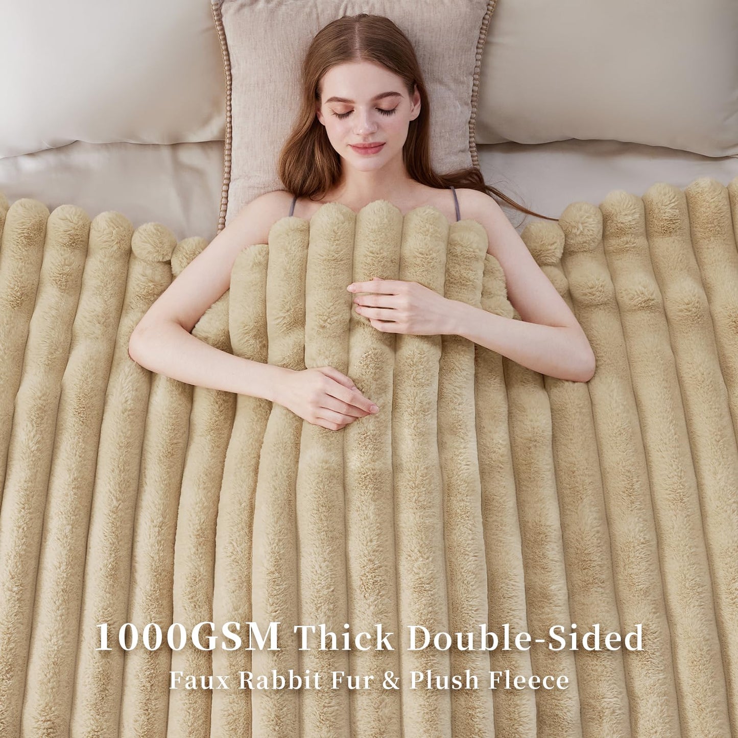 HaloRest Faux Fur Throw Blanket, Thick 1000GSM Fluffy Cozy Throw Blankets for Bed, Luxury Plush Striped Warm Soft Blanket for Couch LivingRoom Home Decor & Gifts(50"x 70", Beige)