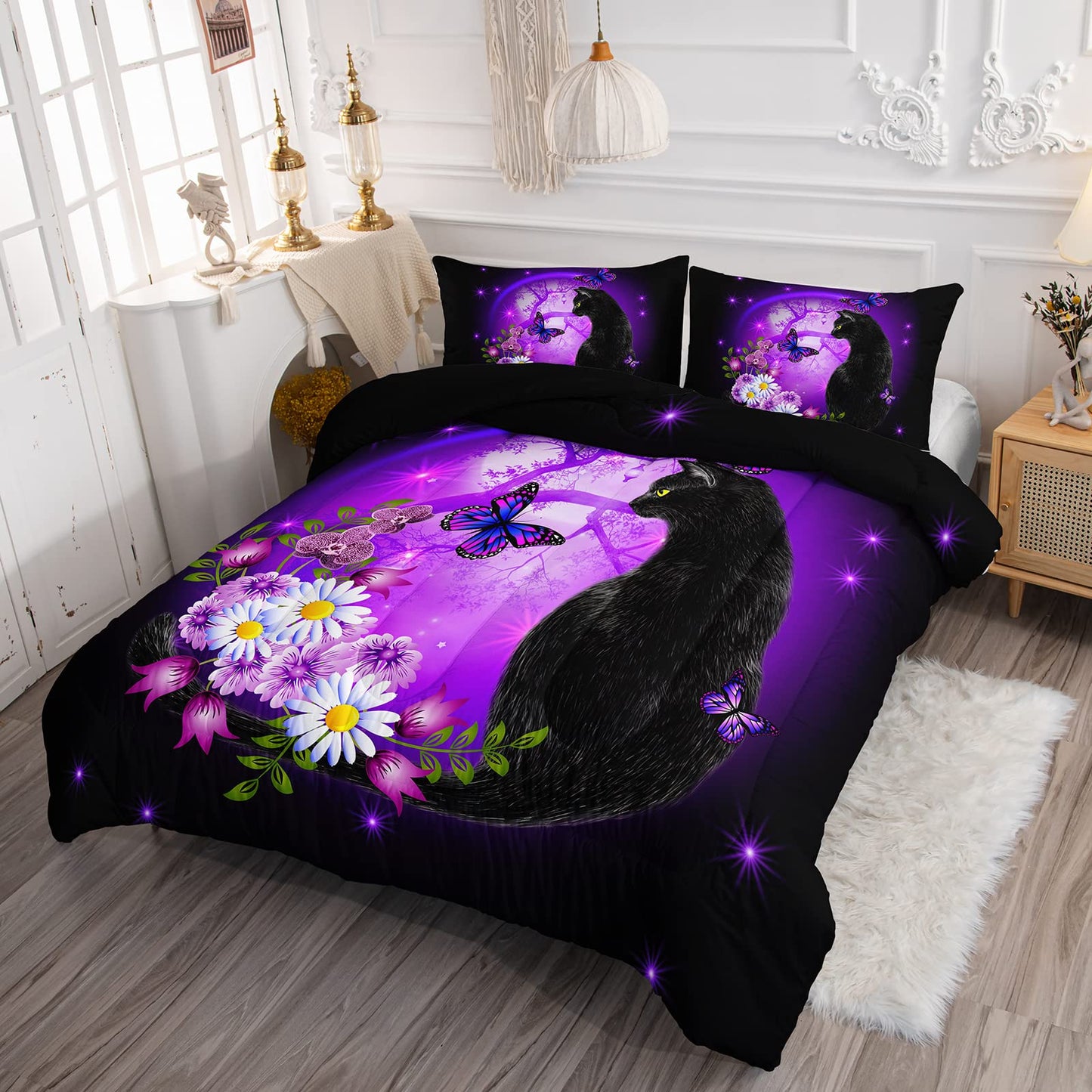 Black Cat Bedding Cartoon Cat Comforter Set Twin,Daisy Butterflies Printed Kids Bedding Set for Kids Boys Girls Adults Room Decor,Kids Comforter Set All Season,1 Quilt 2 Pillow Cases