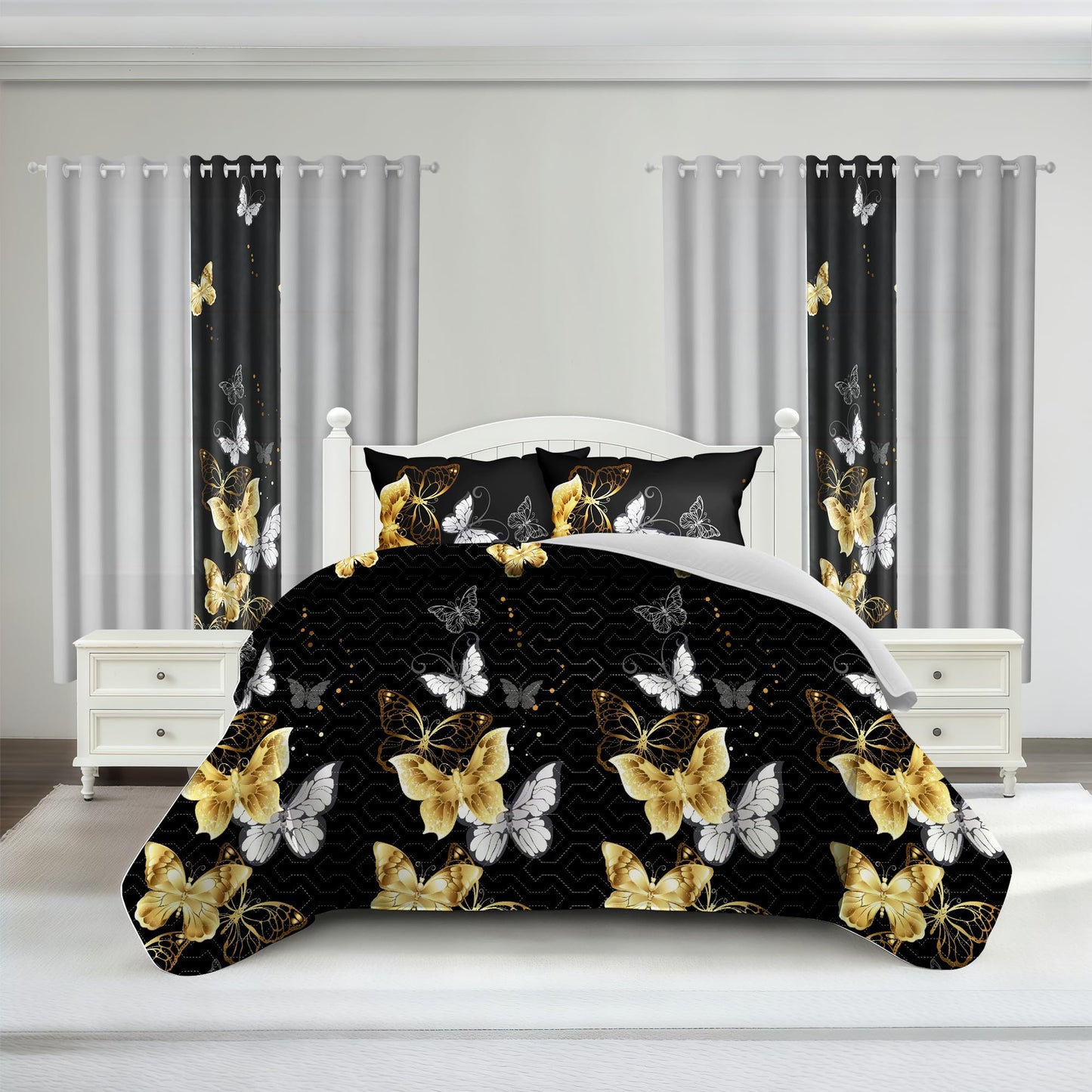 Deepsleep King Bedspread Set 9 Pieces, All Season Luxury Bed in a Bag for Bedroom, with 2 Pillowcases and 6 Curtains, Ultra-Soft Microfiber for Complete Bedroom Decor, Black Gold Butterfly