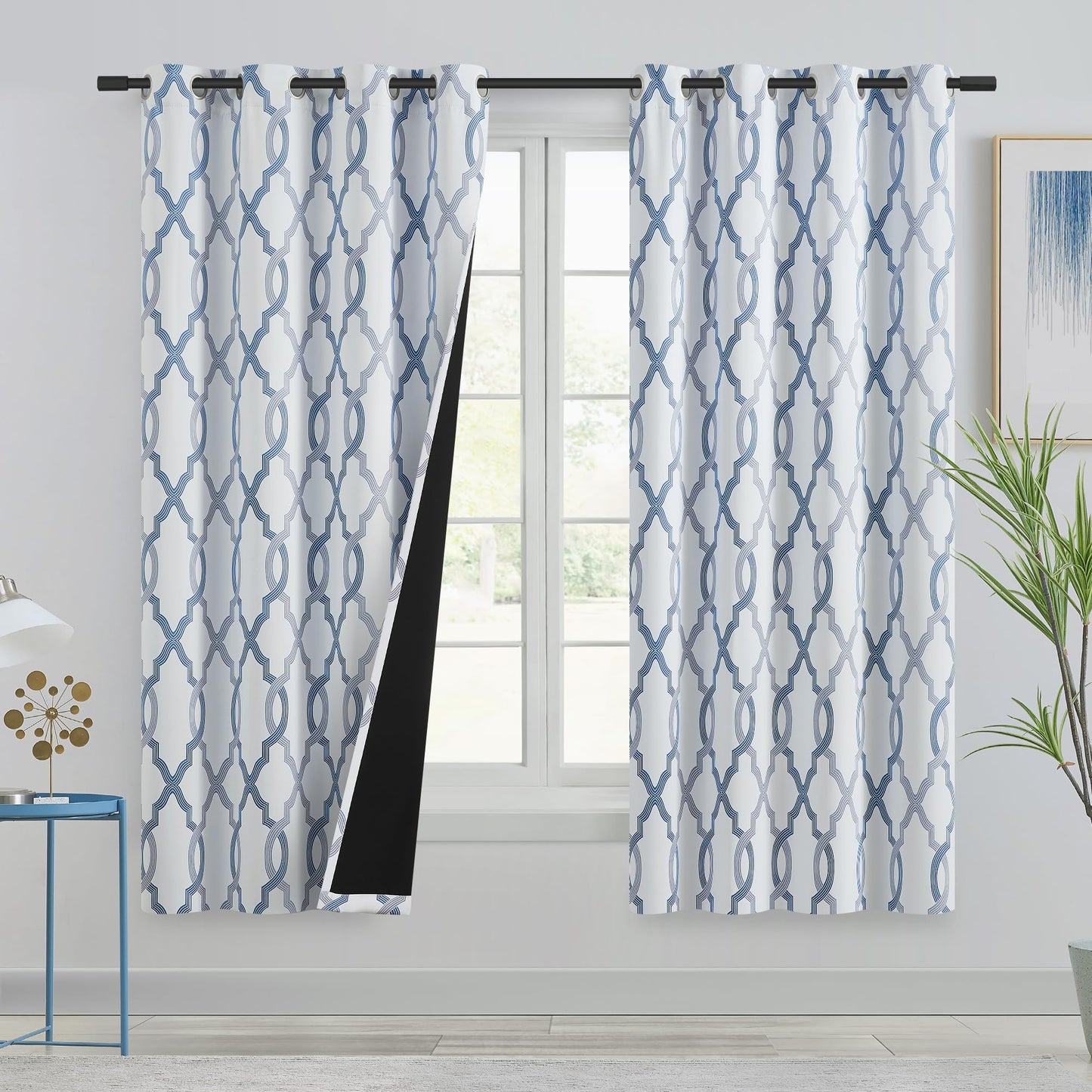 ugoutry 100% Blackout Curtains 63 Inches Long for Bedroom, Blue Grey on White Moroccan Geometric Patterned Window Curtain for Living Room, Farmhouse Thermal Insulated Drapes Grommet Top 2 Panels