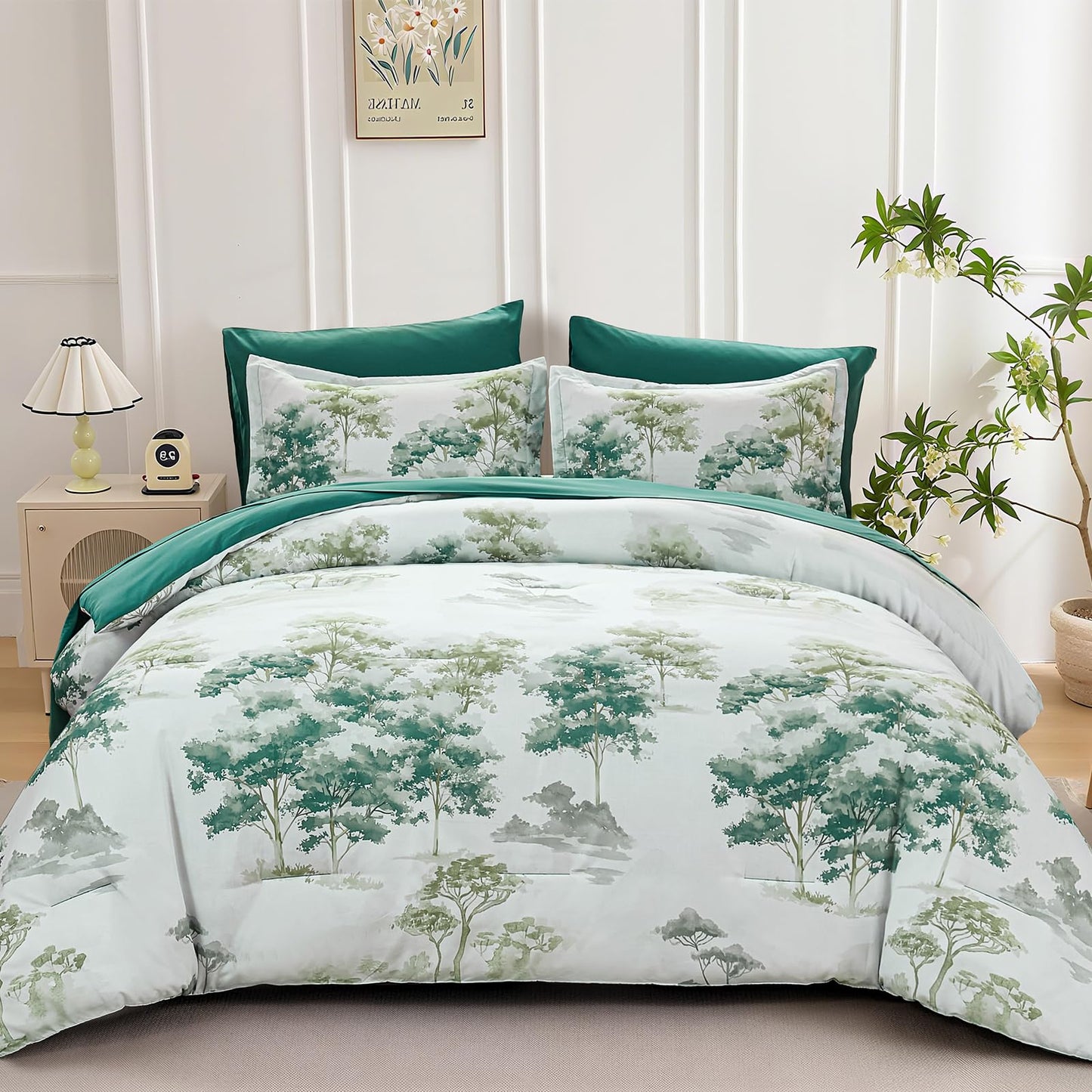 Dinjoy Queen Comforter Set, 7 Piece Comforter Set Queen, White Queen Size Bed Sets, Queen Sheet Set with Comforter, Flower Bedding Sets with Comforter, Fitted & Flat Sheets, Pillowcases & Pillow Shams