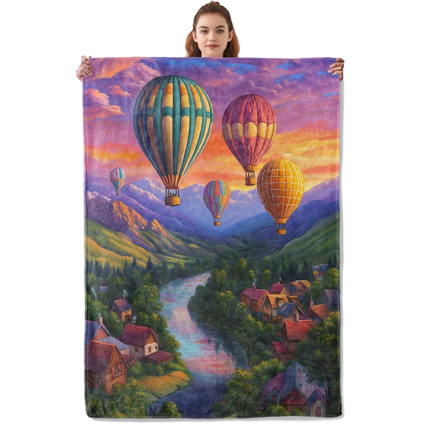 Kibue Hot Air Balloon Blanket Warm & Cozy Flannel Village Throw Blanket - Soft Plush Lightweight Blankets for Travel, Sofa, Bedroom, Office, Home Decor for Adults Kids Women 60"×50"