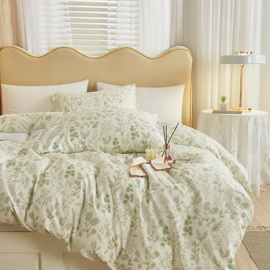 Garden Style Green Floral Comforter Set Queen White Soft Fluffy Microfiber Comforter Chic Floral Printed Bedding Set Vintage Flowers Leaves Botanical Comforter Set All Seasons Queen Comforter Set