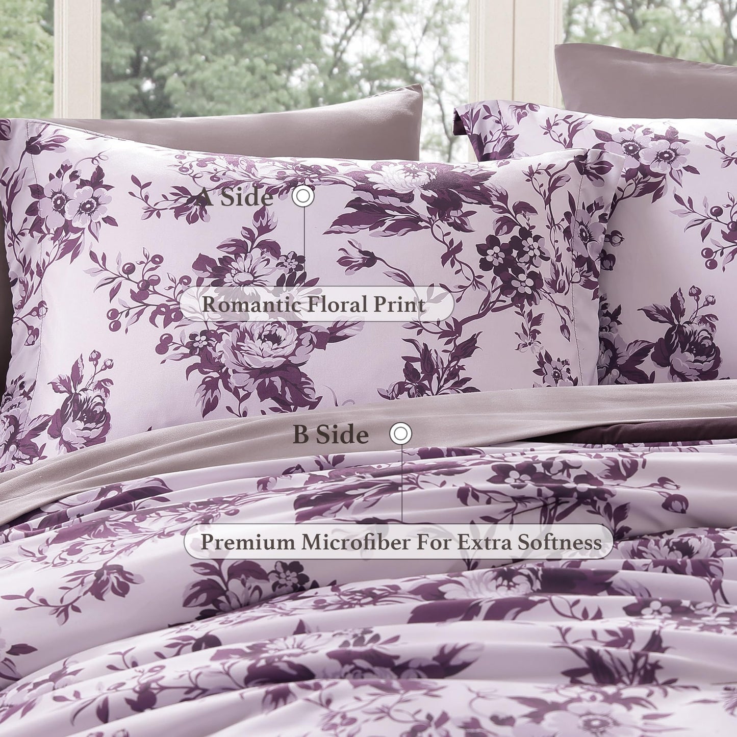 BLOOMHAVEN Queen Comforter Set -7 Pieces Deep Purple Floral Comforter Set for All Seasons, Bed in a Bag Queen with Botanical Flowers Comforter, Sheets, Pillowcases & Shams