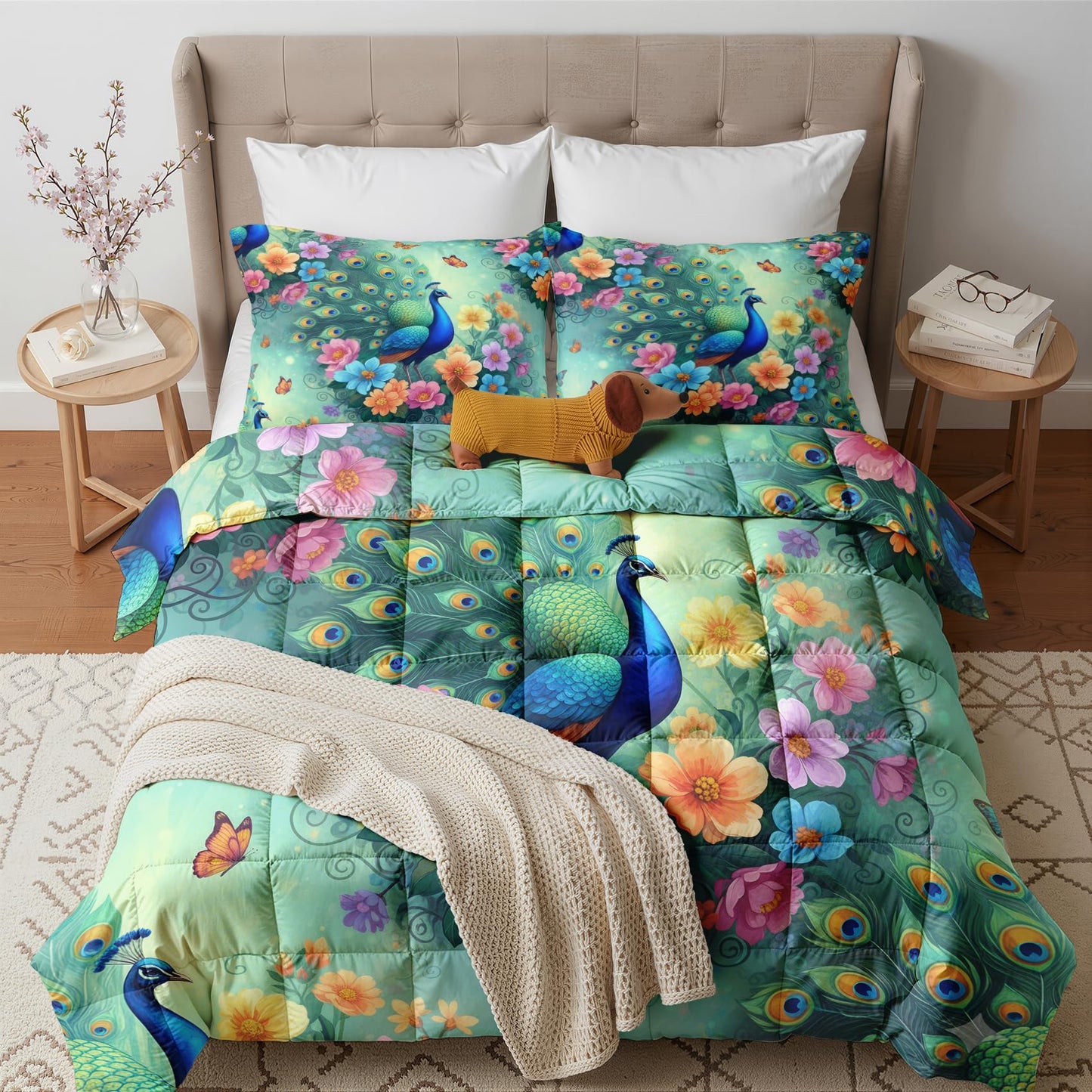 Peacock Butterfly Comforter Set Twin Size 2 Pcs - All Season Duvet Insert & Pillowcase, Oriental Asian Bedding Set, Soft Lightweight Down Alternative Comforter, Peony Bedroom Decor