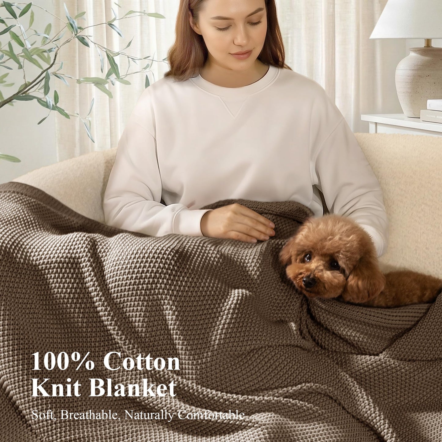 blunique 100% Cotton Cable Knit Throw Blanket, Lightweight Soft Knit Blanket for Sofa Couch Bed, Breathable All-Season Throw, Cozy Decorative Blanket, 50 x 60 Inch,Taupe