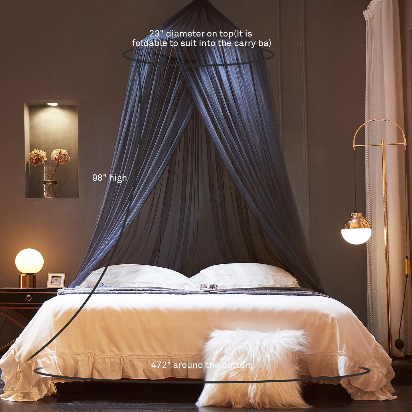 Mengersi Bed Canopy Mosquito Net for Bed, Canopy Bed Curtains, Dome Mosquito Netting Bed Tent, Indoor Outdoor, Black, Full Size