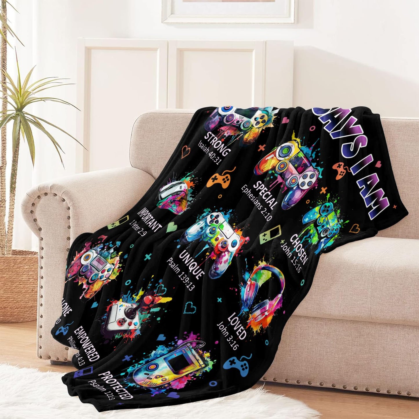 CIUGOIG Christian Gifts for Men Boys, God Says I Am Gamer Blanket 50"x60", Inspirational Religious Birthday Gifts for Game Lover Bible Verse Blanket, Gaming Gifts for Gamer, Christian Game Gifts